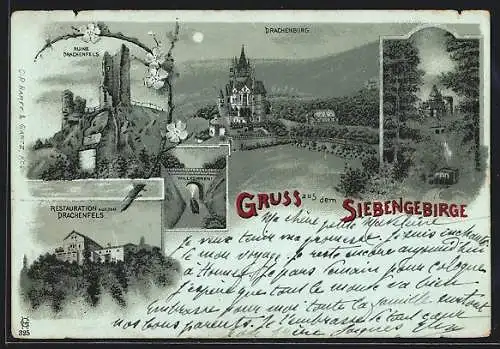 Lithographie Königswinter /Siebengebirge, Drachenburg und Restaurant Drachenfels