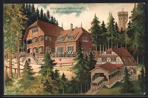 Künstler-AK Heidelberg, Gasthaus u. Bergbahnstation Königstuhl