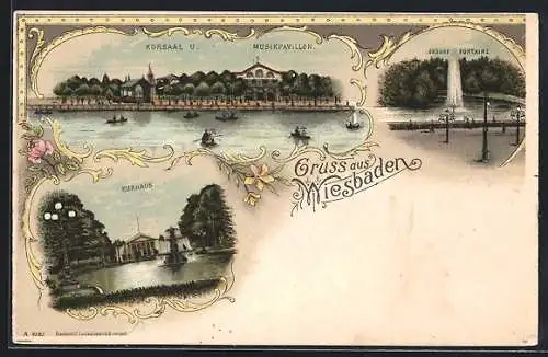 Lithographie Wiesbaden, Kursaal & Musikpavillon, Grosse Fontaine, Kurhaus