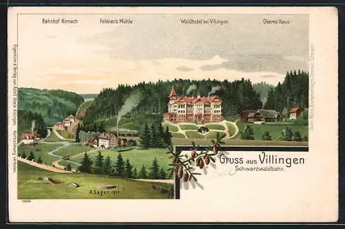 Lithographie Villingen / Schwarzwald, Bahnhof Kirnach, Feldner's Mühle, Waldhotel und Oberes Haus