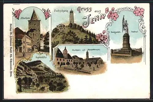 Lithographie Jena, Marktplatz mit Bismerkbrunnen, Burschenschafts-Denkmal, Affenturm, Sophienhöhe