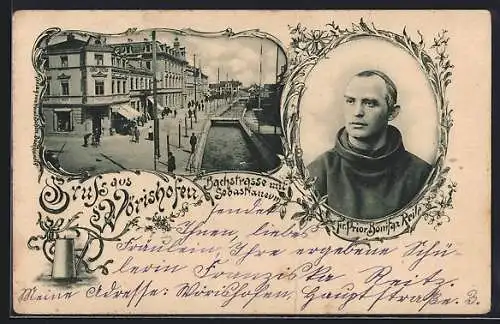 AK Bad Wörishofen, Bachstrasse mit Sebastianeum, Bonifaz Reile-Portrait