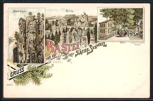 Lithographie Bastei /Sächsische Schweiz, Basteifelsen, Hotel, Brücke