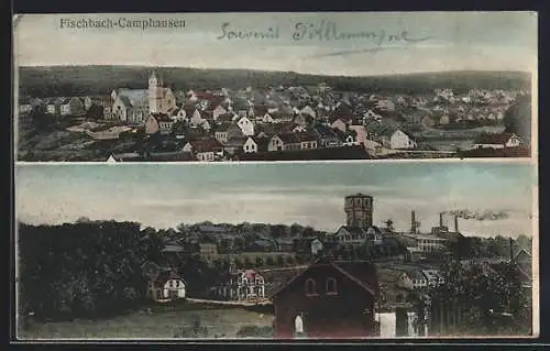 AK Fischbach-Camphausen, Totalansicht mit Kirche und Hochöfen