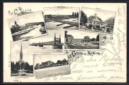 AK Kehl a. Rhein, Neue Rheinbrücke, Stadtkirche und Bahnhof