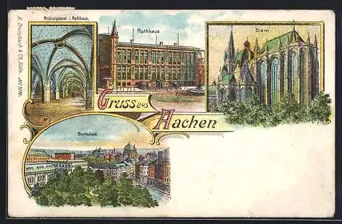 Lithographie Aachen, Krönungssaal im Rathaus, Dom, Burtscheid