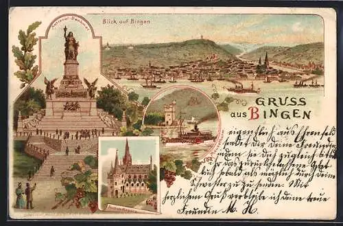 Lithographie Bingen / Rhein, Dampfer, Ortsansicht, Rochus-Kapelle