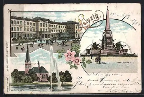 Lithographie Leipzig, Strassenpartie mit Hotel Dresdner Bahnhof, Mendebrunnen