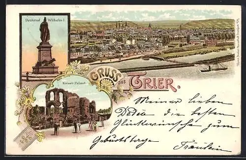 Lithographie Trier, Totalansicht, Denkmal Wilhelm I. und Kaiser Palast