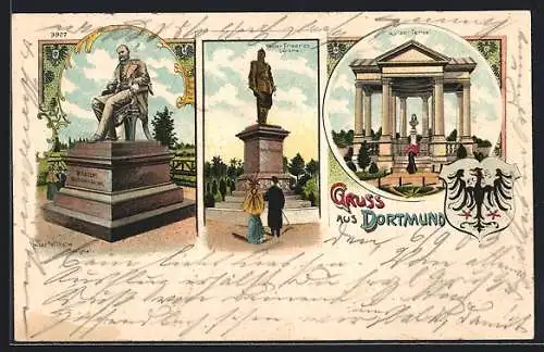 Lithographie Dortmund, Kaiser Wilhelm-Denkmal, Kaiser Friedrich-Denkmal, Luisen-Tempel, Wappen