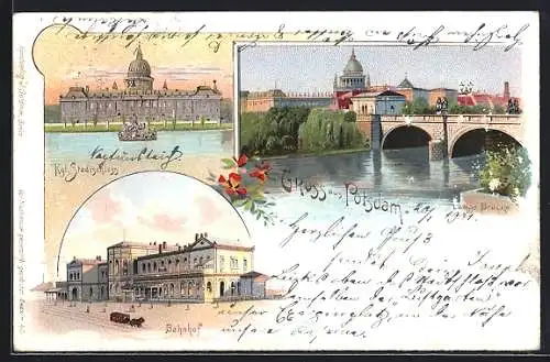 Lithographie Potsdam, Kgl. Stadtschloss und Lange Brücke