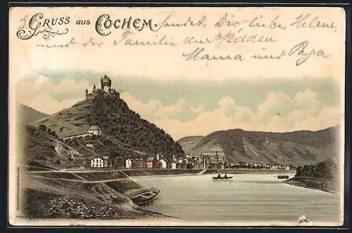 Lithographie Cochem, Ortsansicht mit Moselpartie