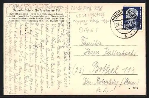 AK Grundmühle /Seifersdorfer Tal, Pension im Wald, Inh. Rudolf Rost