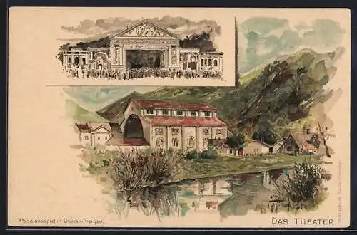 Lithographie Oberammergau, Passionsspiel, Blick auf das Theater