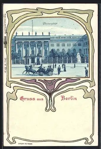 Passepartout-Lithographie Berlin, Universität mit Passanten, Pferdekutsche