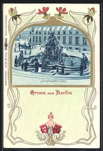 Passepartout-Lithographie Berlin, Schlossbrunnen mit Passanten, Pferdekutsche, Wappen