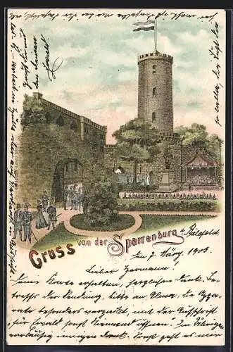 Lithographie Sparrenburg, Burghof mit Denkmal