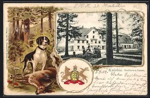 Passepartout-Lithographie Kniebis, Gasthaus zum Lamm, Wappen, Jagdhund mit erlegtem Rehbock