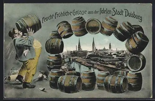 Lithographie Duisburg, Ortsansicht, Mann trinkt aus Bierfass