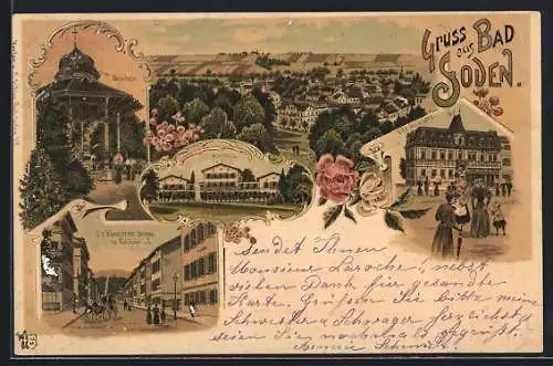 Lithographie Bad Soden / Taunus, Königsteiner-Strasse, Villa Quisisana, Kurhaus, Brunnen, Ortsansicht