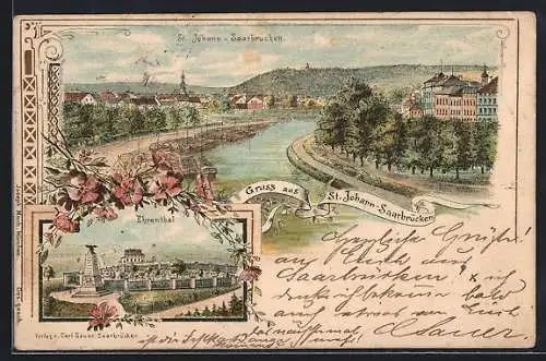 Lithographie Saarbrücken-St. Johann, Ehrenthal, Ortsansicht aus der Vogelschau