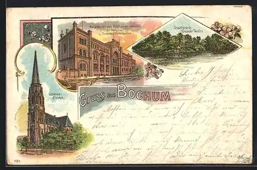 Lithographie Bochum, Hauptportal des Bochumer Vereins für Bergbau u. Gussstahlfabrikation, Stadtpark