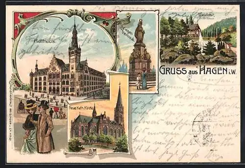 Lithographie Hagen i. W., Rathaus, Kriegerdenkmal, Waldlust, Neue kath. Kirche