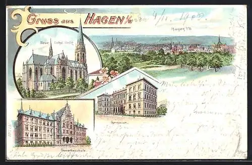 Lithographie Hagen / Westfalen, Totalansicht, Neue Kathol. Kirche, Gymnasium u. Gewerbeschule