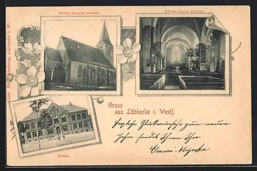 AK Lübbecke i. Westf., Kirche mit äusserer und innerer Ansicht, Schule