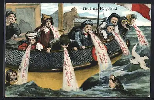 Künstler-AK Helgoland, Menschen erbrechen sich vom Boot