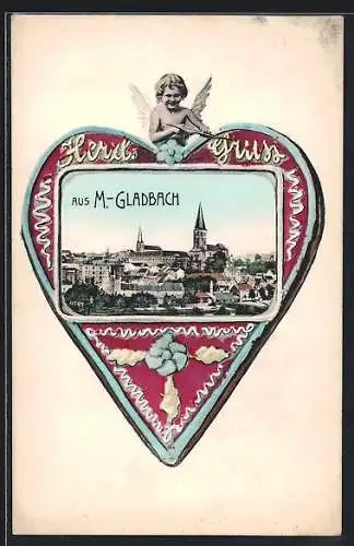 Lithographie M.-Gladbach, Ortsansicht, Amor mit Herz