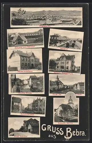 AK Bebra, Totalansicht mit Bahnhof, Schule und Hotel Schlüter