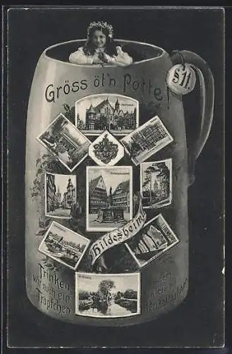 AK Hildesheim, Rathaus, Rolandbrunnen, Bierkrug