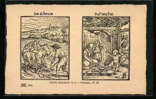 Künstler-AK Totentanz, Der Tod holt Ackermann und junges Kind, Hans Holbein d. J.