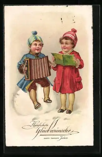 Lithographie Glückwunsch zum neuen Jahre, Kleine Musikanten
