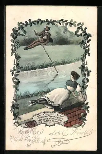 AK Ein Mann springt mit einem Stab über den Fluss, eine Frau über eine Mauer, Liebespaar