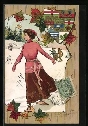 Künstler-AK Eine Frau läuft mit Schneeschuhen durch die Winterlandschaft, Passepartout mit einem Wappen