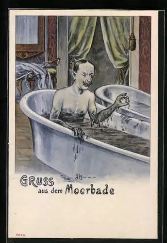 Lithographie Gruss aus dem Moorbade, Kurgast nimmt ein Schlammbad
