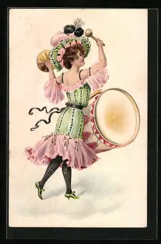 AK Dame im Kleid mit Trommel