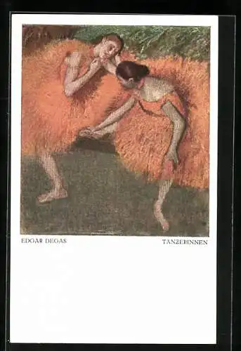 AK Tänzerinnen, Edgar Degas, Zwei junge Ballettänzerinnen in orangenem Kostüm
