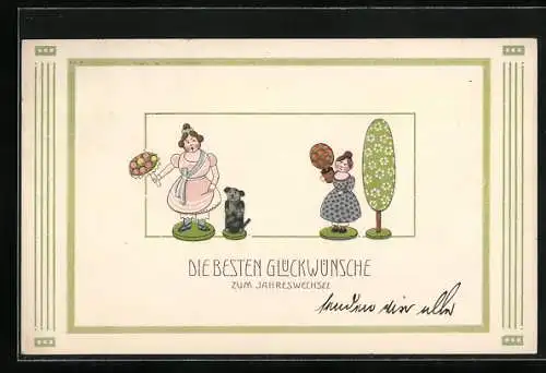 AK Holzpuppen von zwei Frauen und einem Hund, Neujahrskarte