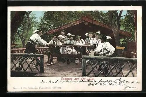 AK Sonntag auf der Alm, bayerische Tracht