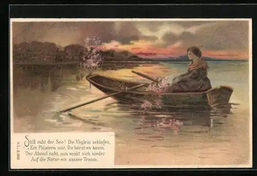 Künstler-AK Eine Frau mit gepflückten Blumen im Ruderboot