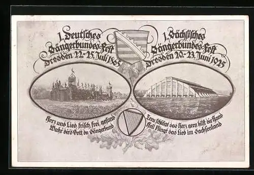 AK 1. Deutsches Sängerbundesfest Dresden 1865, 1. Sächsisches Sängerbundesfest Dresden 1925, Jubiläums-Festpostkarte