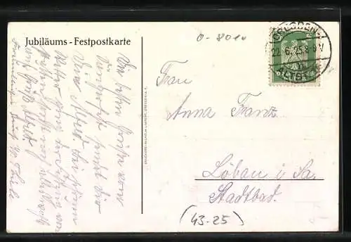 AK 1. Deutsches Sängerbundesfest Dresden 1865, 1. Sächsisches Sängerbundesfest Dresden 1925, Jubiläums-Festpostkarte