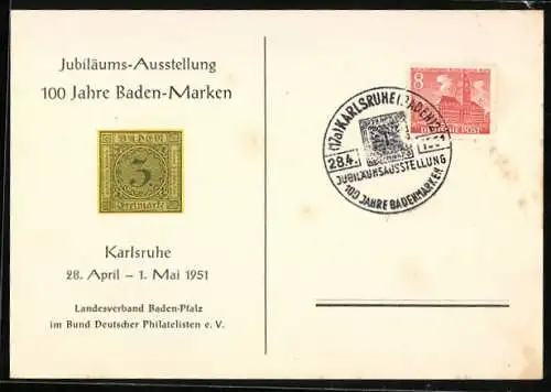 AK Karlsruhe, Jubiläums-Ausstellung 100 Jahre Baden-Marken 1951, Baden-Freimarke