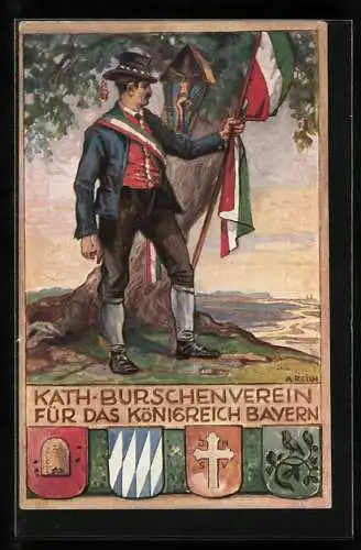 Künstler-AK Kath. Burschenverein für das Königreich Bayern, Bursche mit Fahne und Schärpe