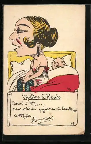 Künstler-AK Diplôme de Rosiére, Frau in Unterwäsche auf der Bettkante