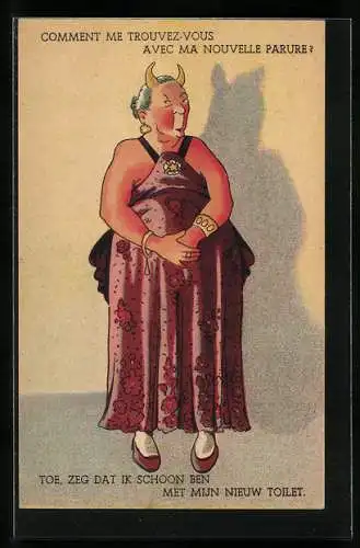 Künstler-AK Comment me Trouvez vous avec ma nouvelle Parure?, Frau mit Teufelshörnern