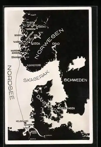 AK Oslo, Landkarte, Reiseweg nach Norwegen, Hardangerfjord - Sognefjord